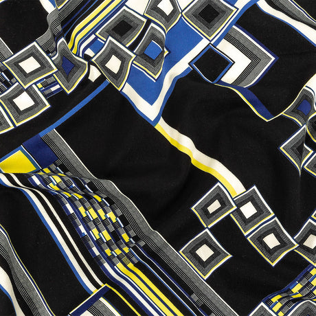 Navy, Yellow and Cobalt Geometric Stretch Brushed Cotton Twill