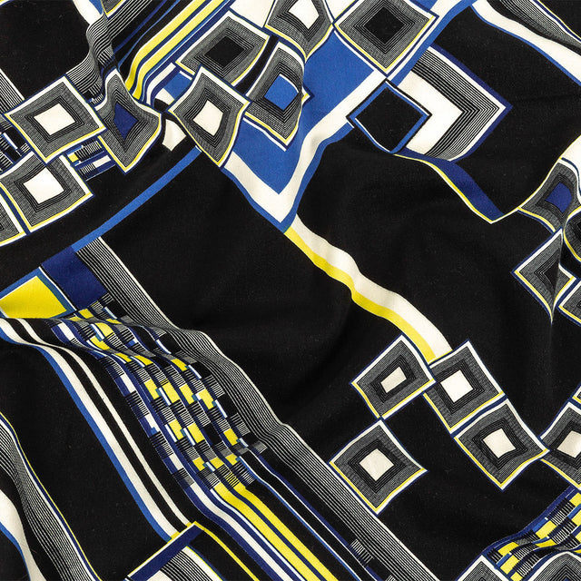 Navy, Yellow and Cobalt Geometric Stretch Brushed Cotton Twill