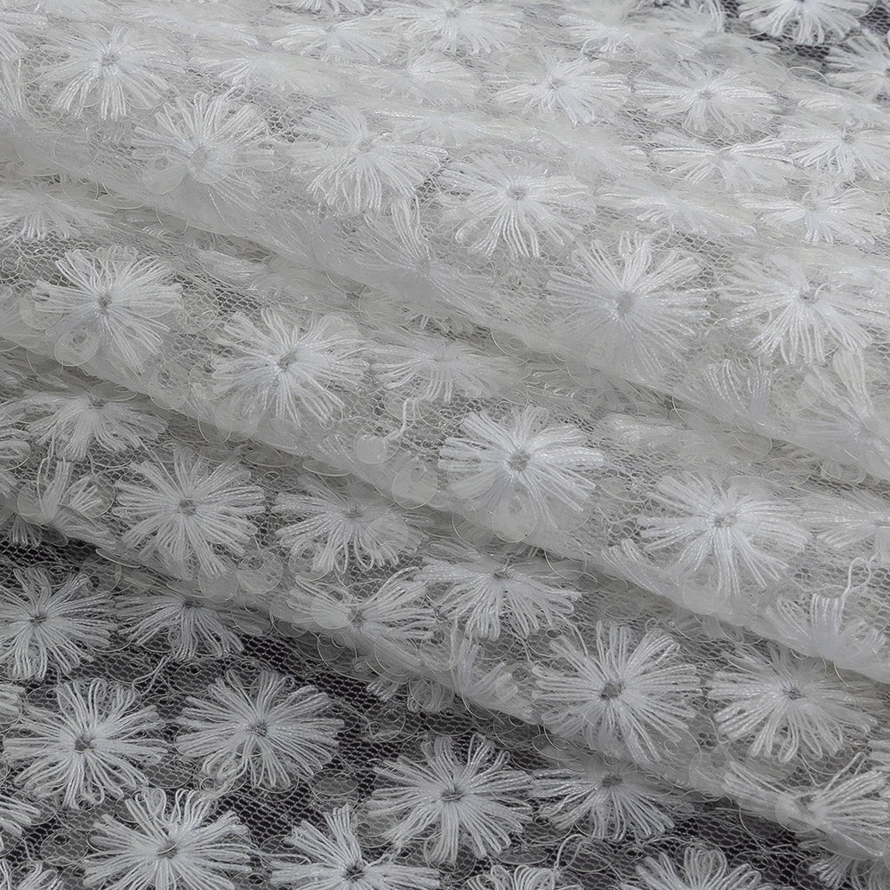 White Daisy Embroidered Netting with Clear Baby Sequins