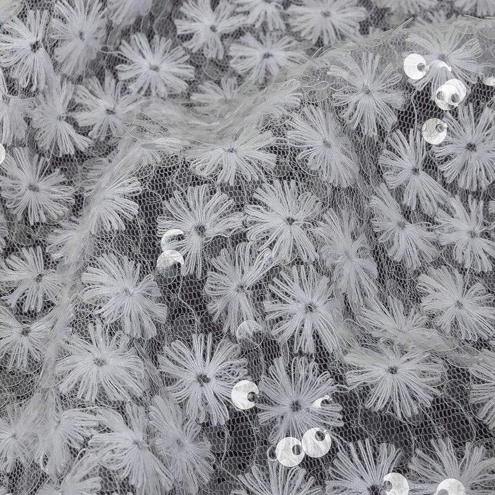 White Daisy Embroidered Netting with Clear Baby Sequins