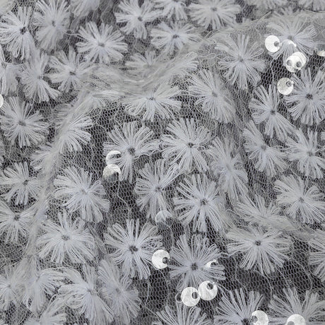 White Daisy Embroidered Netting with Clear Baby Sequins