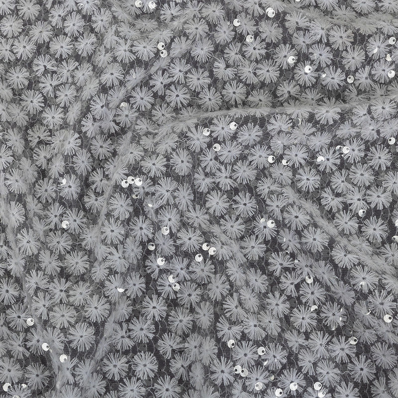 White Daisy Embroidered Netting with Clear Baby Sequins