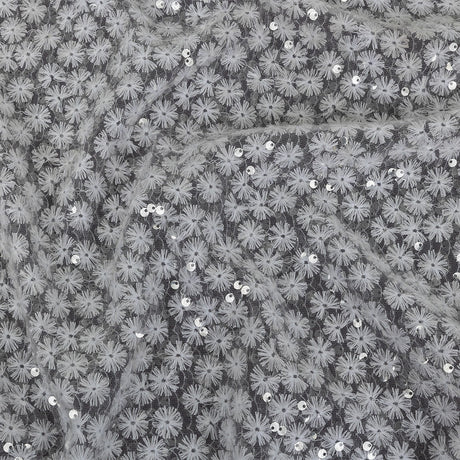 White Daisy Embroidered Netting with Clear Baby Sequins