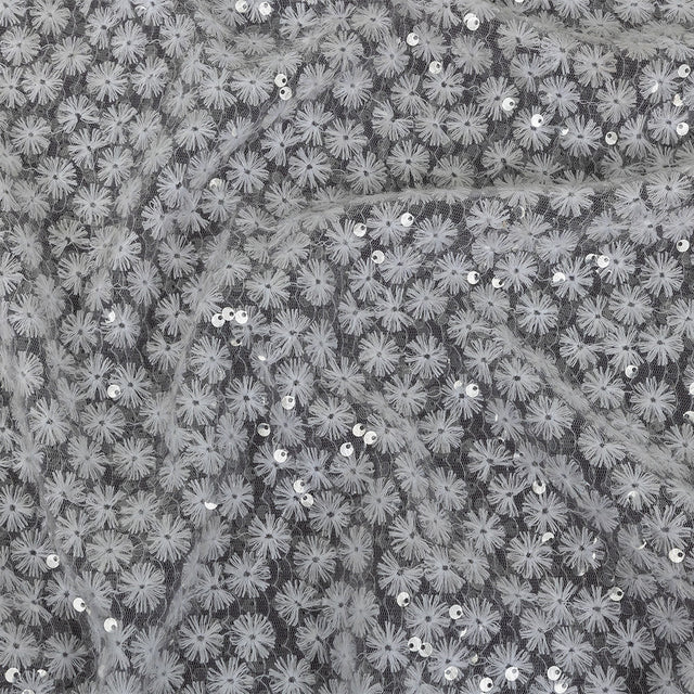 White Daisy Embroidered Netting with Clear Baby Sequins