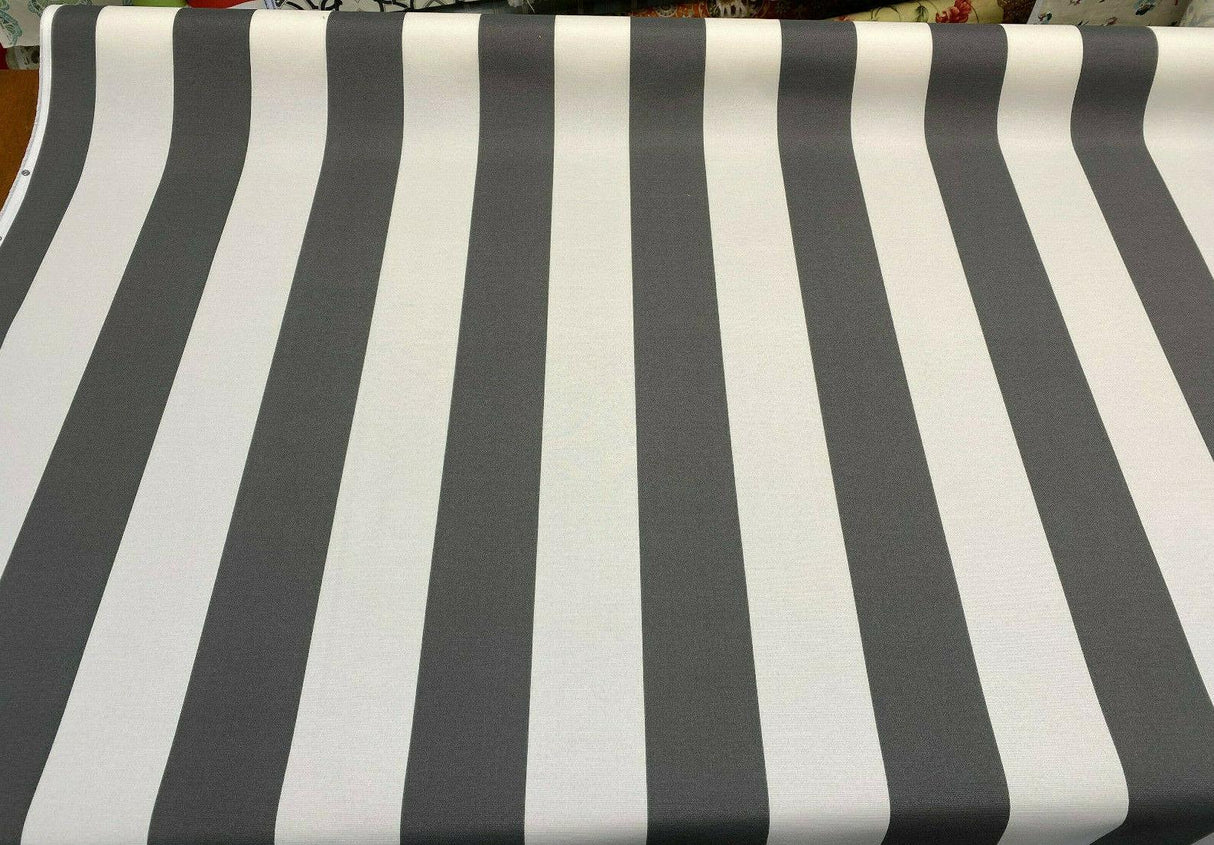 Outdoor Stripe Fresco T-Spun Polyester Fabric - White And Charcoal Stripe, 54" Width (By The Yard)