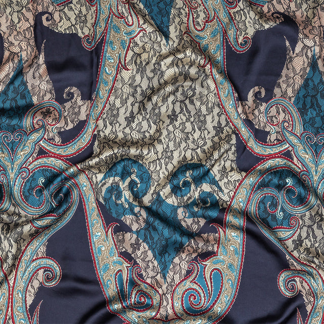 Blue Opal, Teal and Simply Taupe Paisley and Chantilly Lace Printed Polyester Lining