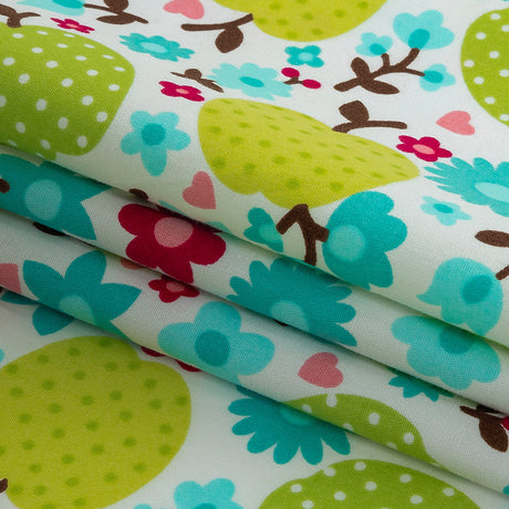 Green Glow Polka-Dotted Apples and Aqua Floral Printed Cotton Poplin