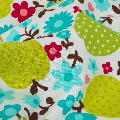 Green Glow Polka-Dotted Apples and Aqua Floral Printed Cotton Poplin