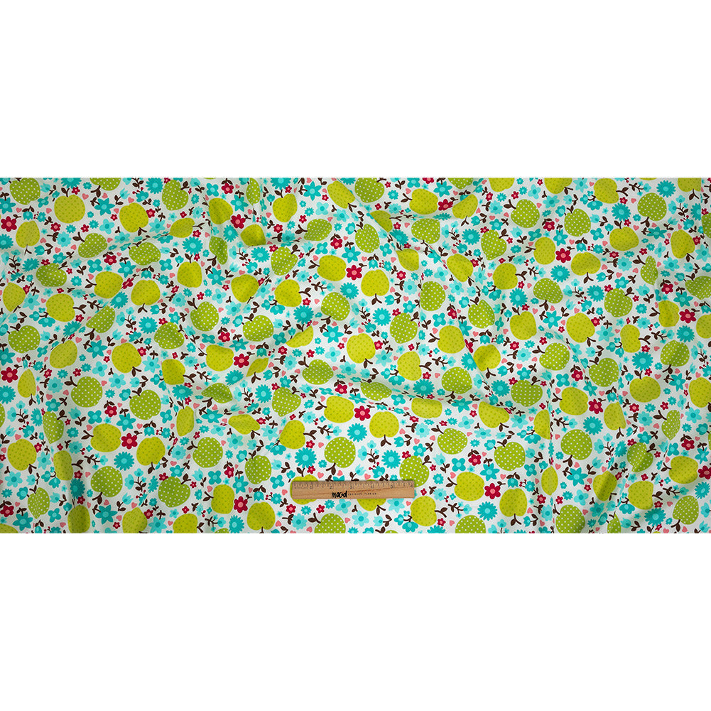 Green Glow Polka-Dotted Apples and Aqua Floral Printed Cotton Poplin