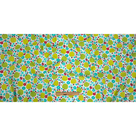 Green Glow Polka-Dotted Apples and Aqua Floral Printed Cotton Poplin