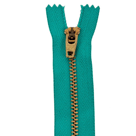 YKK Teal Blue Metal Closed Bottom Zipper with Gold Teeth - 5.5"