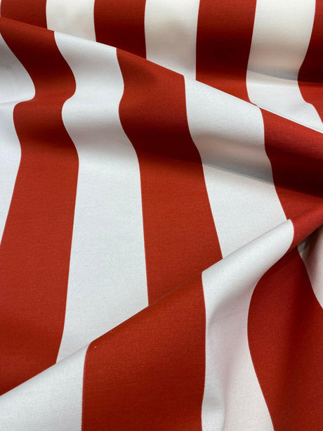 Outdoor Stripe Fresco T-Spun Polyester Fabric - White And Flame Red Horizontal Stripes, 54" Width (1 Yard)