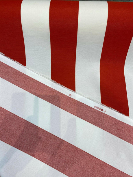 Outdoor Stripe Fresco T-Spun Polyester Fabric - White And Flame Red Horizontal Stripes, 54" Width (1 Yard)