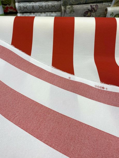 Outdoor Stripe Fresco T-Spun Polyester Fabric - White And Flame Red Horizontal Stripes, 54" Width (1 Yard)