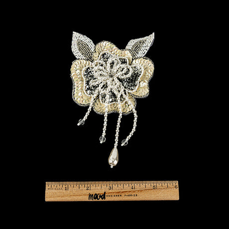 Vintage Golden Iris and Pearl, Silver Sequins and Beaded 3D Floral Applique with Crystal Bead Center - 6.625" x 4.25"