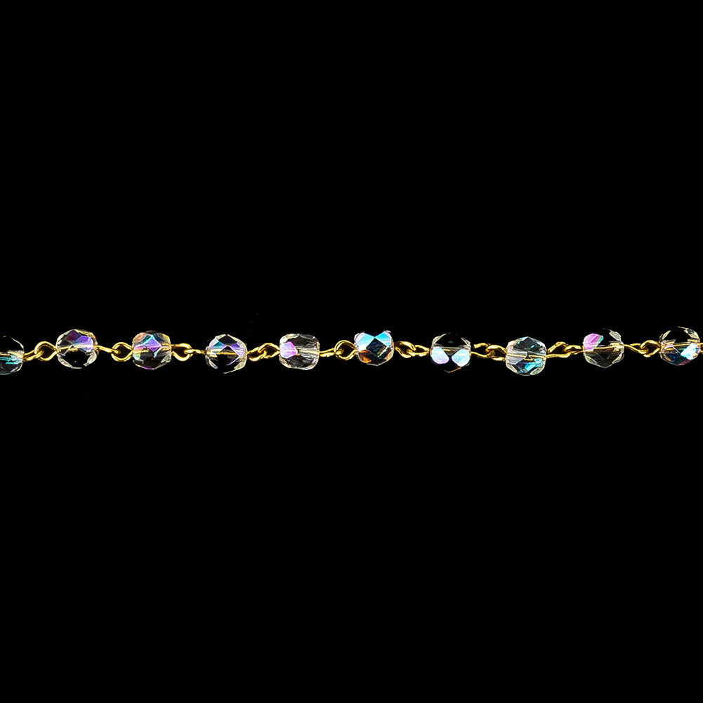 Vintage Czech White Iris Beads and Gold Metal Link Chain - 0.1875"