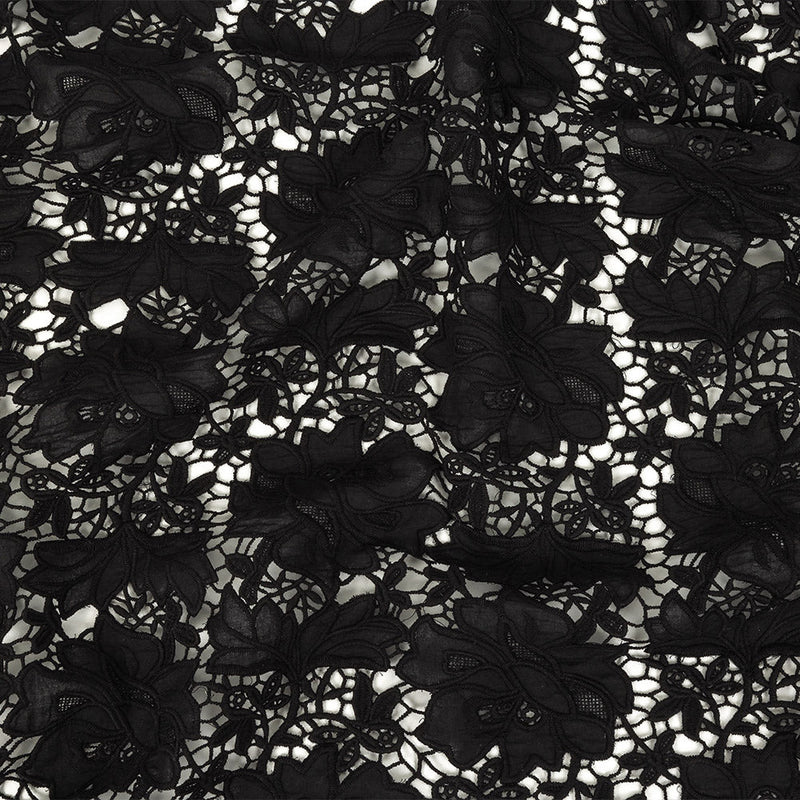 Famous Australian Designer Black Floral Guipure Lace with Scalloped Edges