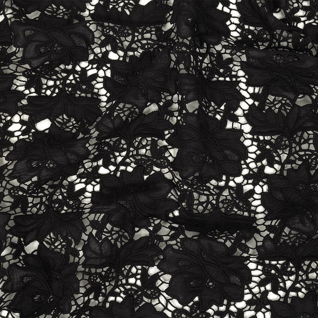 Famous Australian Designer Black Floral Guipure Lace with Scalloped Edges
