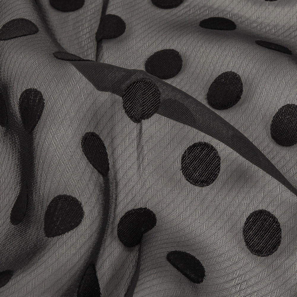 Famous Australian Designer Black Polyester Chiffon with Satin Burnout Polka Dots