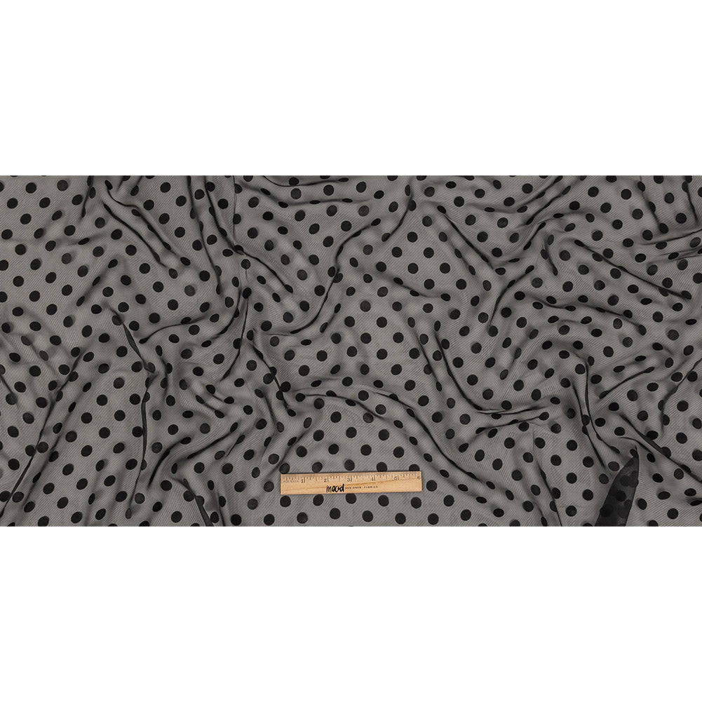 Famous Australian Designer Black Polyester Chiffon with Satin Burnout Polka Dots