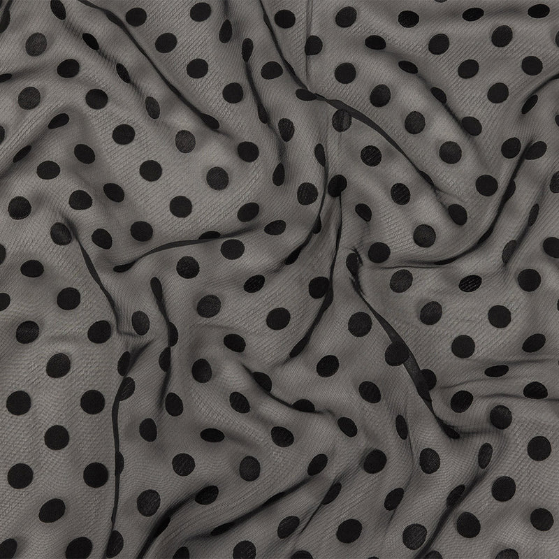 Famous Australian Designer Black Polyester Chiffon with Satin Burnout Polka Dots