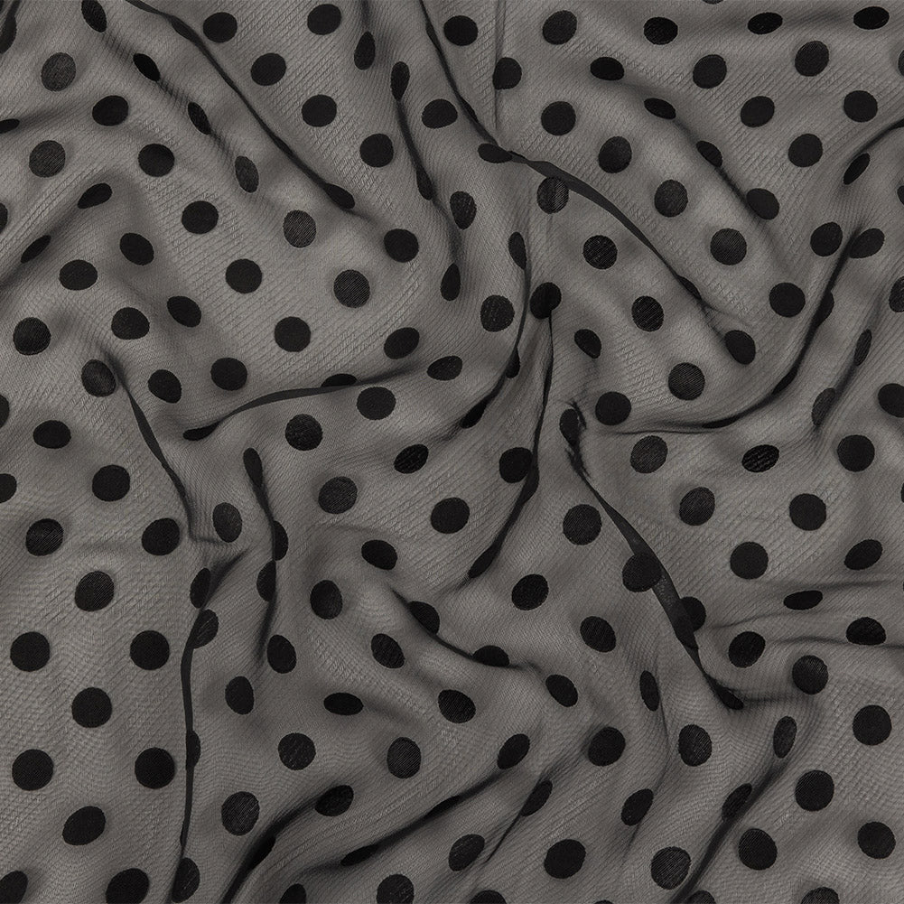 Famous Australian Designer Black Polyester Chiffon with Satin Burnout Polka Dots