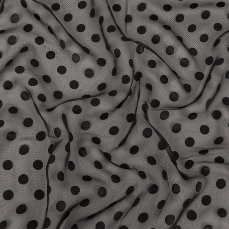 Famous Australian Designer Black Polyester Chiffon with Satin Burnout Polka Dots