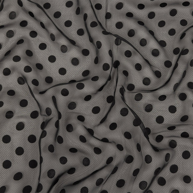 Famous Australian Designer Black Polyester Chiffon with Satin Burnout Polka Dots