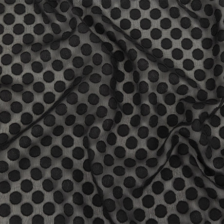 Famous Australian Designer Black Polyester Chiffon with Burnout Polka Dots