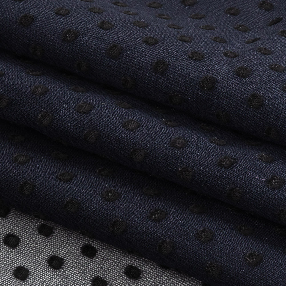 Famous Australian Designer Black Iris Chiffon Silk with Luminous Burnout Polka Dots