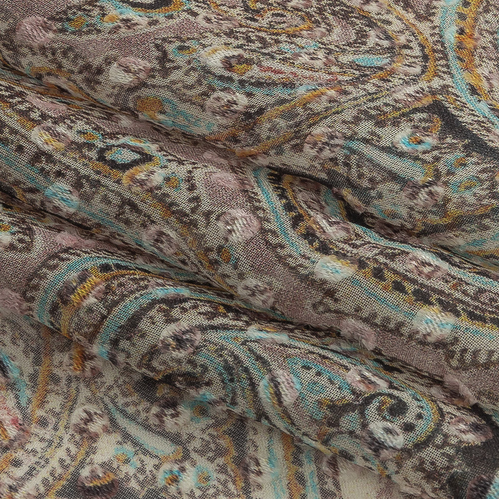 Famous Australian Designer Lotus, Gamboge and Baby Blue Paisley Printed Silk Georgette with Satin Polka Dots