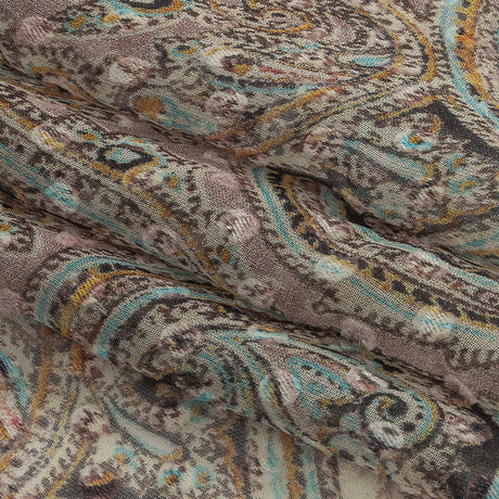 Famous Australian Designer Lotus, Gamboge and Baby Blue Paisley Printed Silk Georgette with Satin Polka Dots
