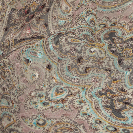 Famous Australian Designer Lotus, Gamboge and Baby Blue Paisley Printed Silk Georgette with Satin Polka Dots