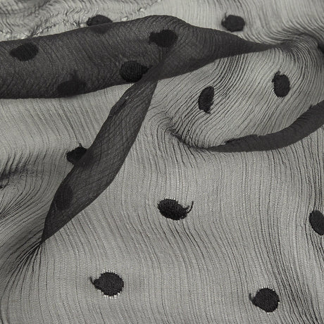 Famous Australian Designer Black Embroidered Dots Crinkled Silk Chiffon