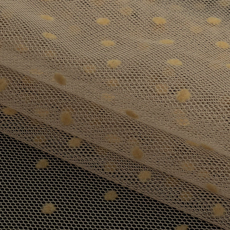 Famous Australian Designer Tea Polyester Mesh with Flocked Polka Dots