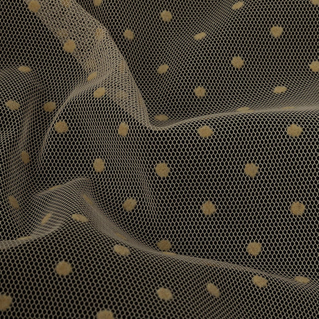 Famous Australian Designer Tea Polyester Mesh with Flocked Polka Dots