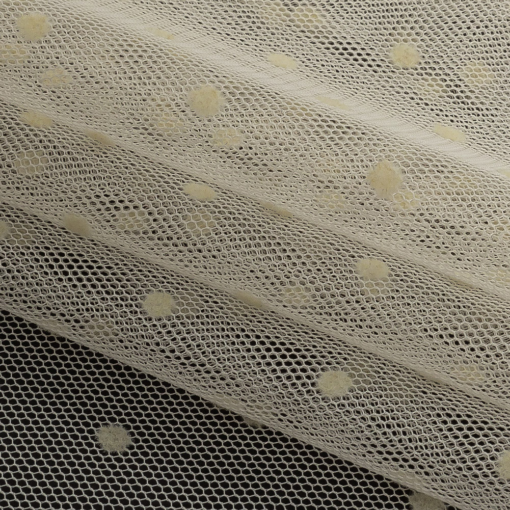 Famous Australian Designer Lemon Icing Polyester Mesh with Flocked Polka Dots