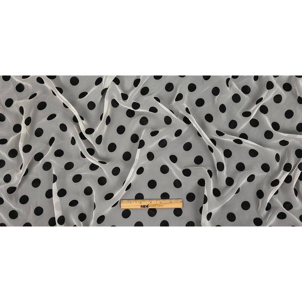 Famous Australian Designer Cloud Dancer White Polyester Chiffon with Large Black Woven Polka Dots