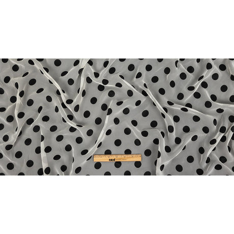 Famous Australian Designer Cloud Dancer White Polyester Chiffon with Large Black Woven Polka Dots