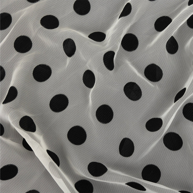 Famous Australian Designer Cloud Dancer White Polyester Chiffon with Large Black Woven Polka Dots