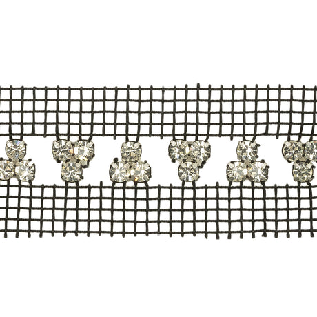 Vintage Crystal and Silver Rhinestone Trio Trimming on Black Mesh - 1.375"