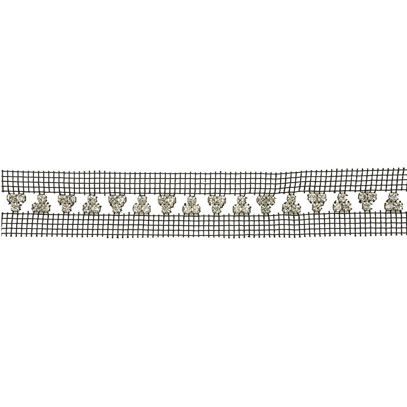 Vintage Crystal and Silver Rhinestone Trio Trimming on Black Mesh - 1.375"
