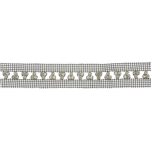 Vintage Crystal and Silver Rhinestone Trio Trimming on Black Mesh - 1.375"