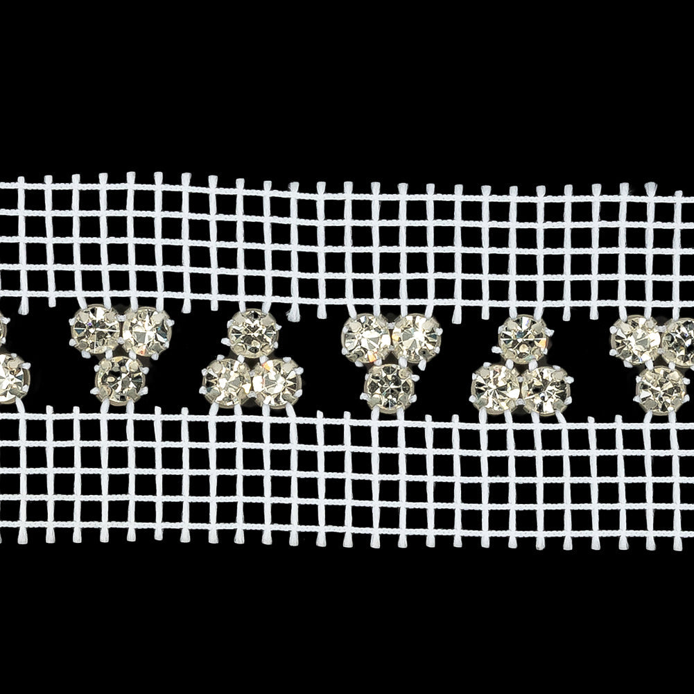 Vintage Crystal and Silver Rhinestone Trio Trimming on White Mesh - 1.375"