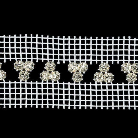 Vintage Crystal and Silver Rhinestone Trio Trimming on White Mesh - 1.375"