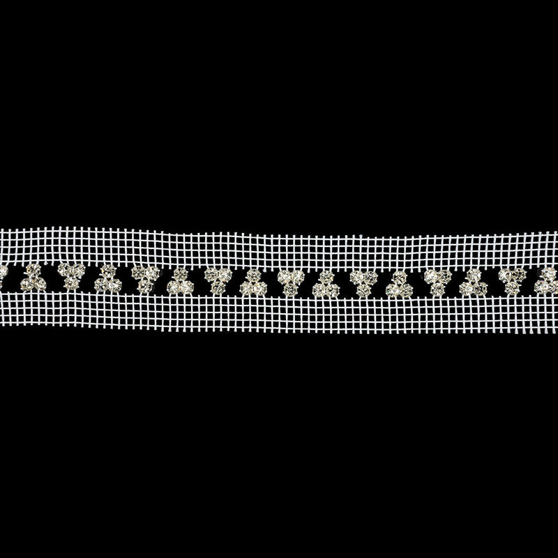 Vintage Crystal and Silver Rhinestone Trio Trimming on White Mesh - 1.375"