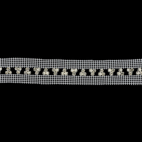 Vintage Crystal and Silver Rhinestone Trio Trimming on White Mesh - 1.375"