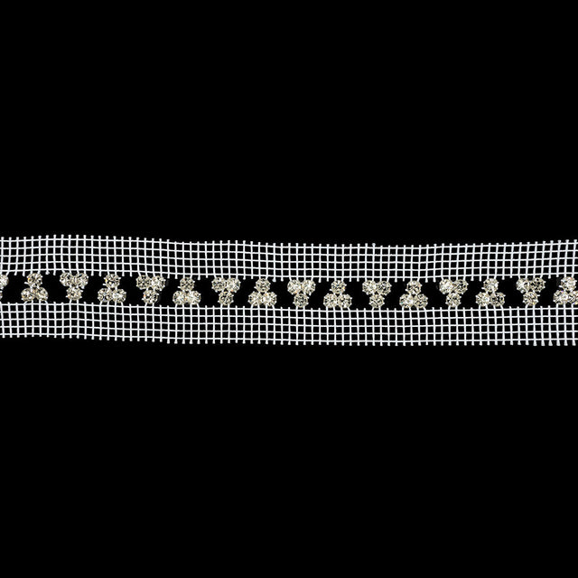 Vintage Crystal and Silver Rhinestone Trio Trimming on White Mesh - 1.375"