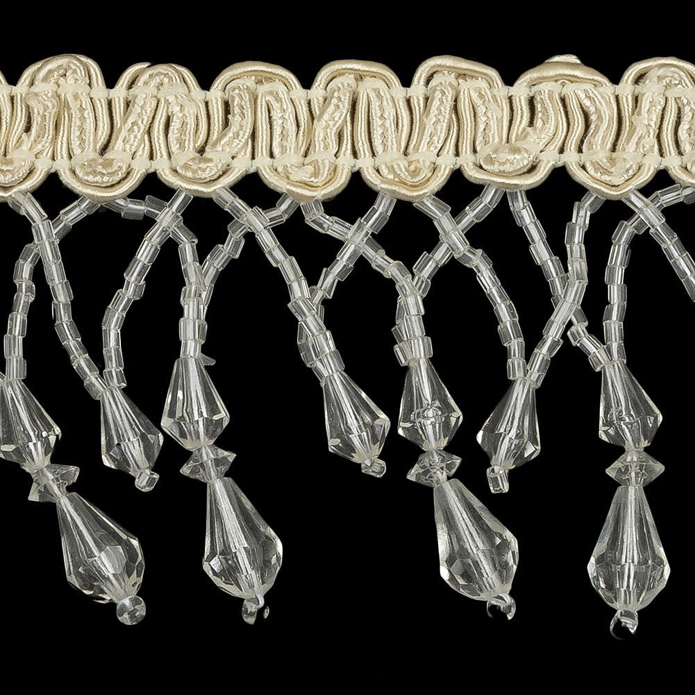 Vintage Crystal Fancy Beaded Fringe on Ivory Braid - 2.25"