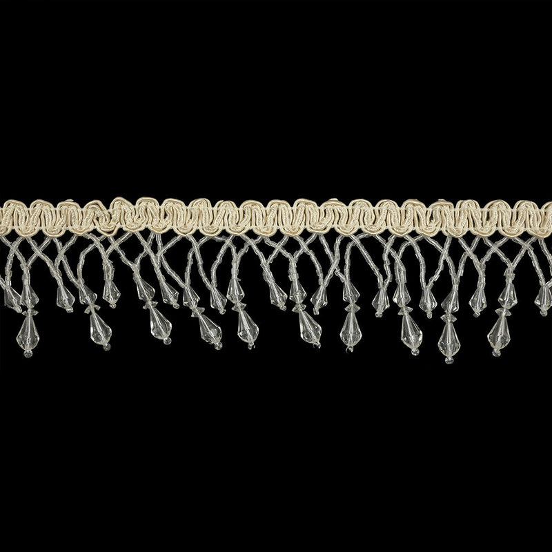 Vintage Crystal Fancy Beaded Fringe on Ivory Braid - 2.25"